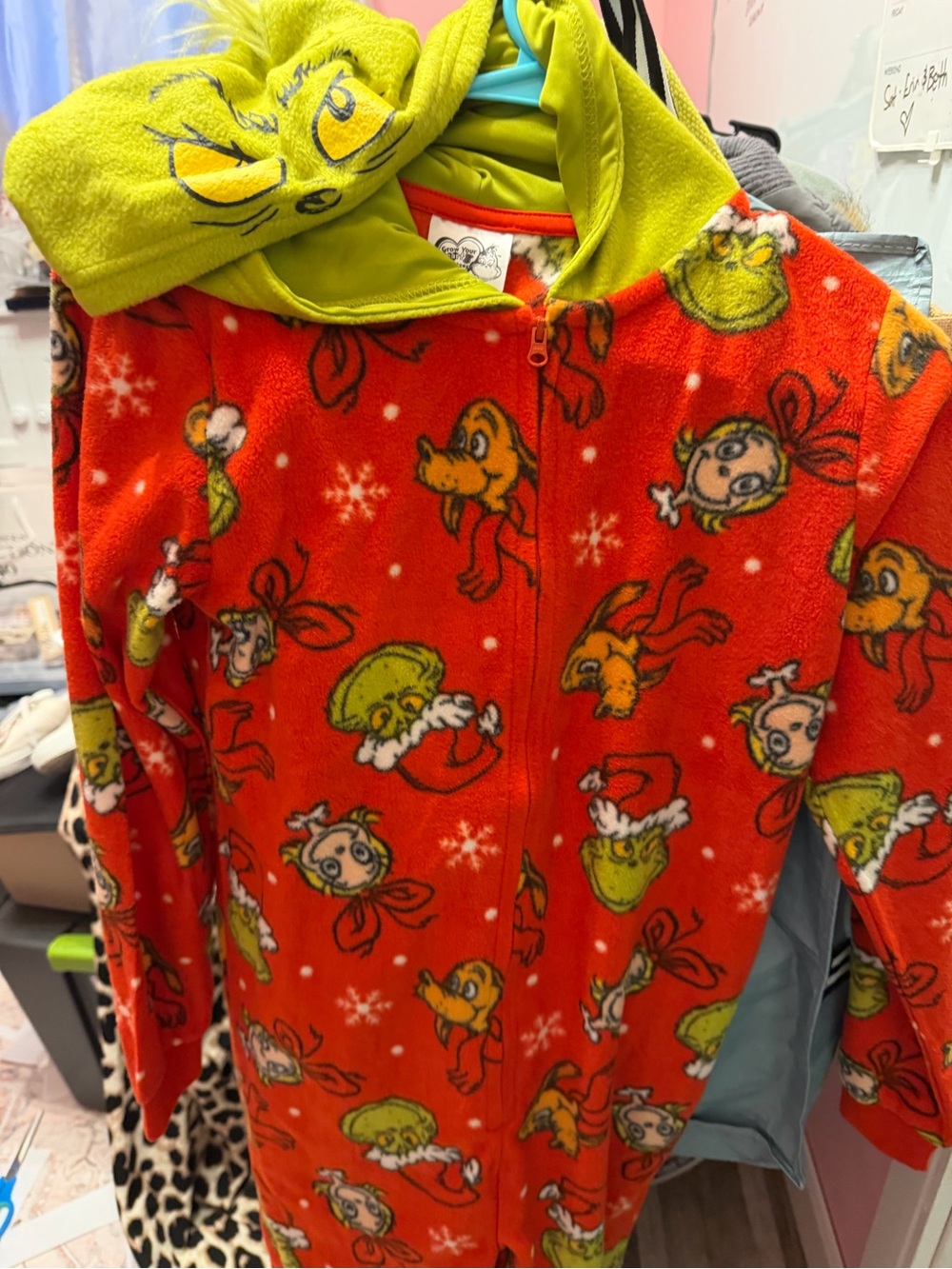 Red Grinch Print Kids Fleece Onesie with Green Hood